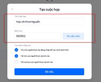 Điền tên cuộc họp và các tùy chọn cần thiết.