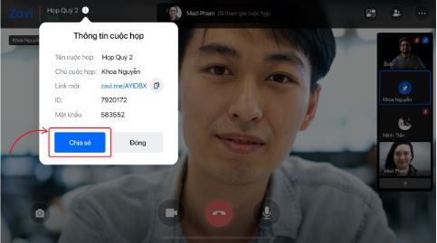 Nhấn “Chia sẻ” để gửi đường link cuộc họp.