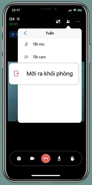 Giao diện chức năng loại thành viên khỏi phòng họp.