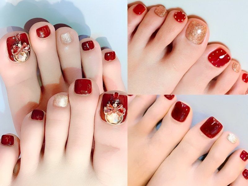 Những mẫu nail sơn móng chân màu đỏ rượu đơn giản - Hình số 7