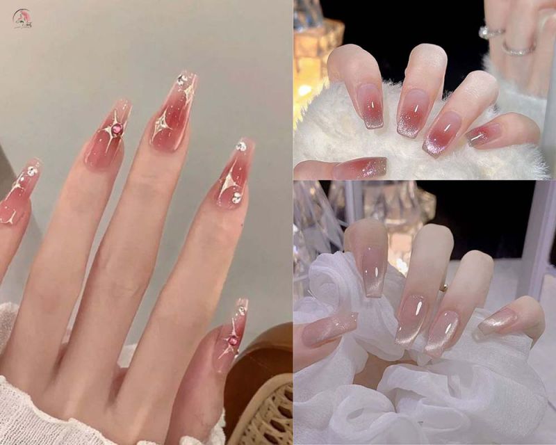 Những mẫu nail mắt mèo hồng đính đá - Hình số 1