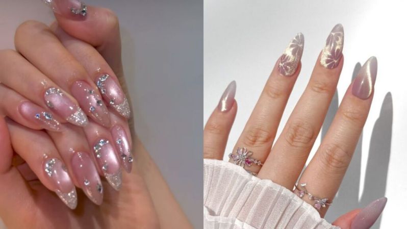 Những mẫu nail mắt mèo hồng đính đá - Hình số 10