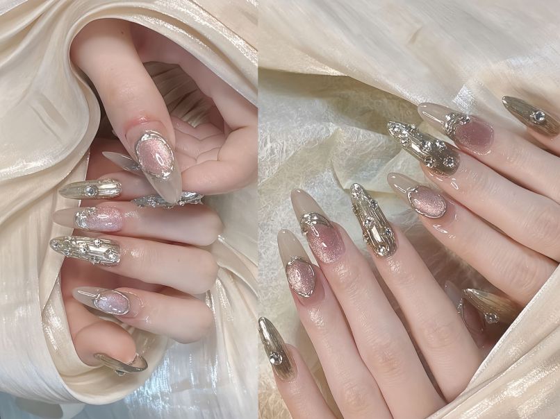 Những mẫu nail móng nhọn tròn đính đá - Hình số 5