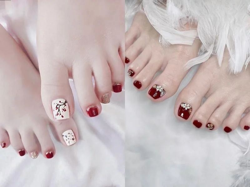 Nhung74 mẫu nail sơn móng chân màu đỏ rượu vuông - Hình số 7