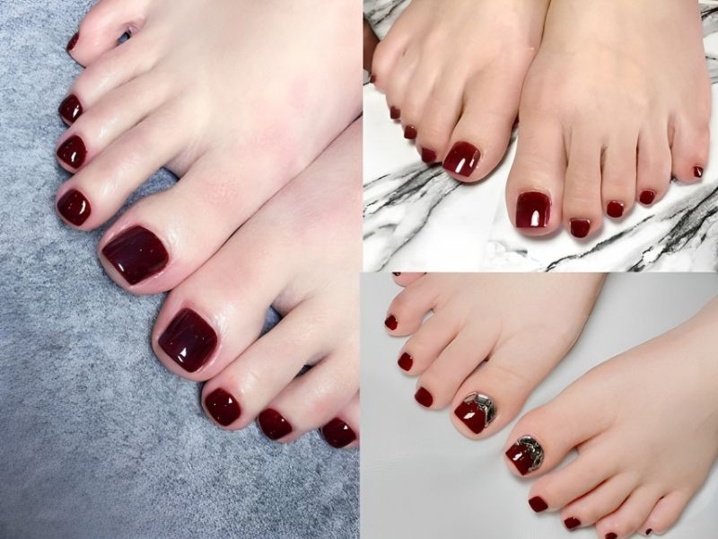 Nhung74 mẫu nail sơn móng chân màu đỏ rượu vuông - Hình số 9
