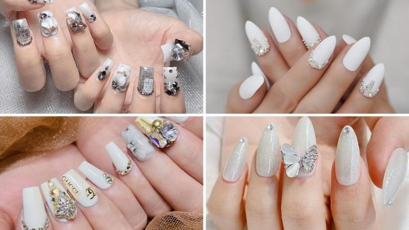 Những mẫu nail trắng đính đá - Hình số 5