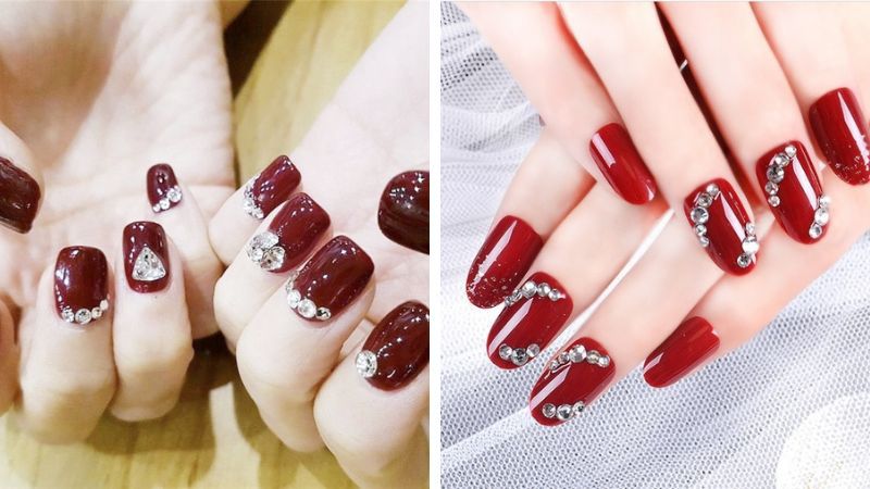 Những mẫu nail sơn móng chân màu đỏ rượu đính đá - Hình số 10