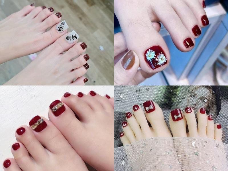 Những mẫu nail sơn móng chân màu đỏ rượu đính đá - Hình số 6