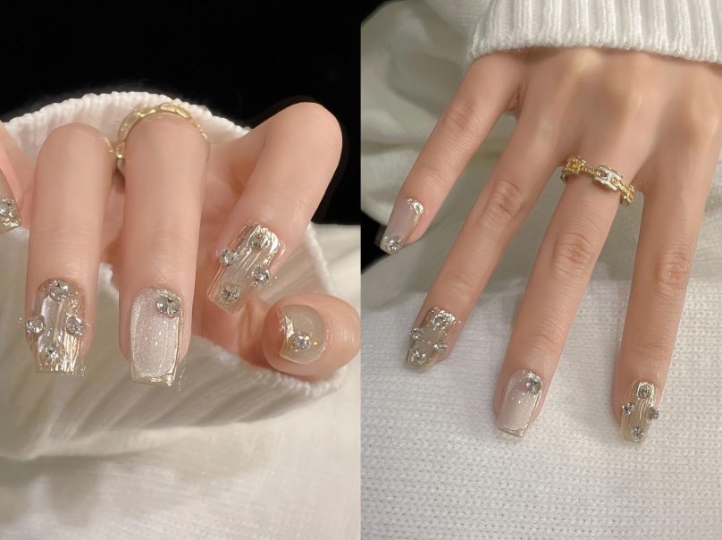 Những mẫu nail móng vuông ngắn đính đá - Hình số 1