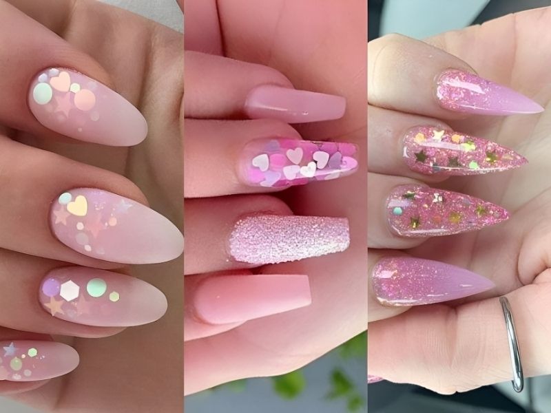 Những nail màu hồng pastel kim tuyến - Hình số 8