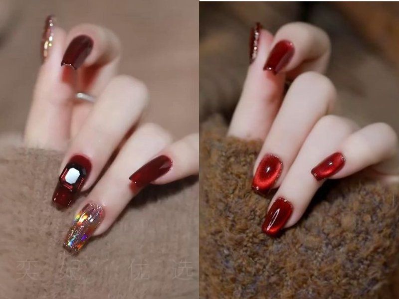 Những mẫu nail màu đỏ cherry mắt mèo - Hình số 10