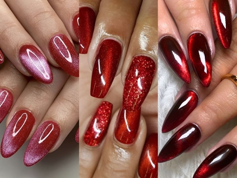 Những mẫu nail màu đỏ cherry mắt mèo - Hình số 3