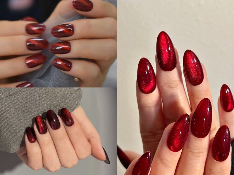 Những mẫu nail màu đỏ cherry mắt mèo - Hình số 7