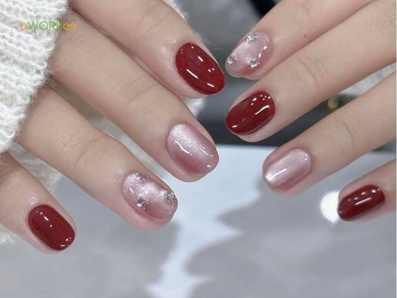 Những mẫu nail màu đỏ cherry mắt mèo - Hình số 8