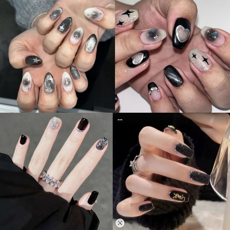 Những nail màu đen sang chảnh móng tròn - Hình số 2