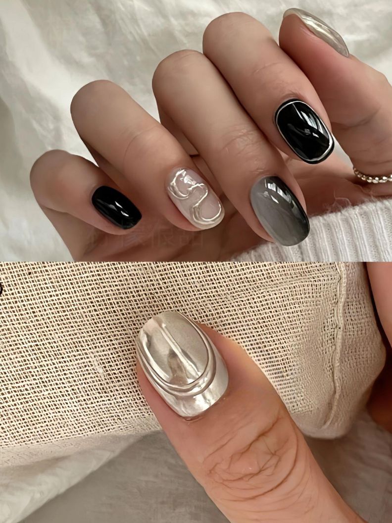 Những nail màu đen sang chảnh móng tròn - Hình số 4