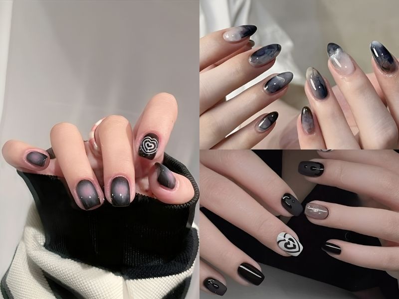 Những nail màu đen sang chảnh móng tròn - Hình số 8