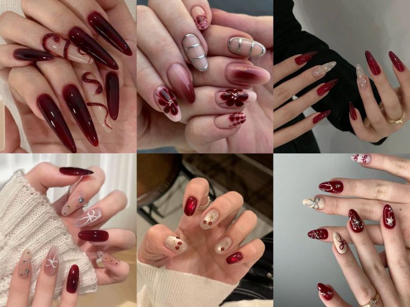 Những mẫu nail tết màu đỏ đô - Hình số 9