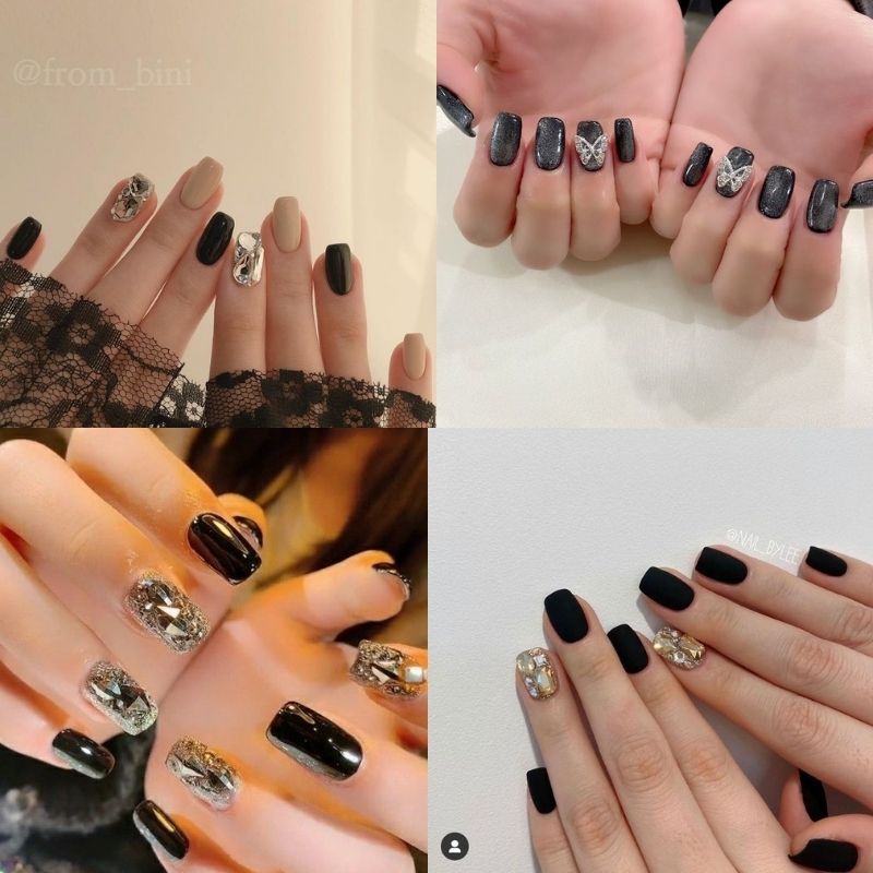Những nail màu đen sang chảnh đính đá - Hình số 4