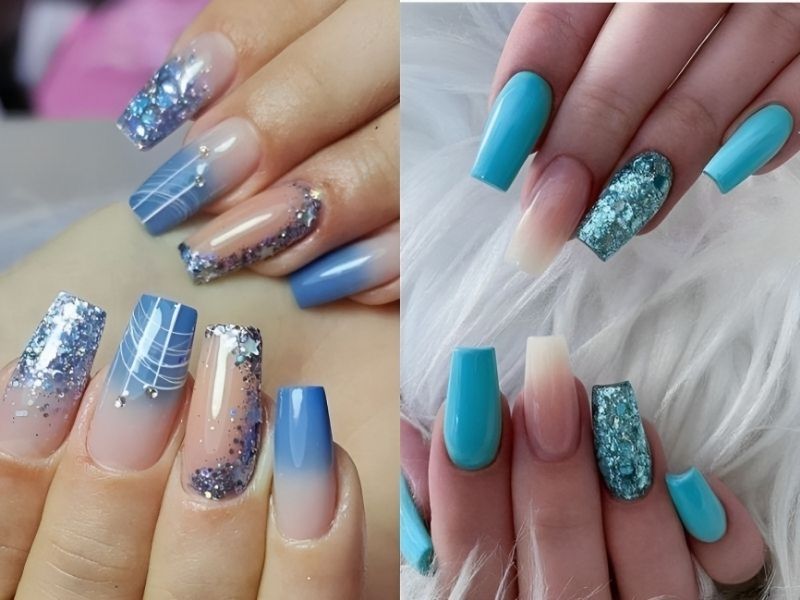 Những nail màu xanh dương nhạt kim tuyến - Hình số 3