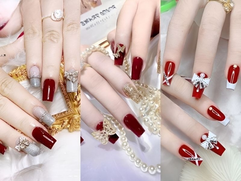 Những mẫu nail màu đỏ cherry đính đá - Hình số 10