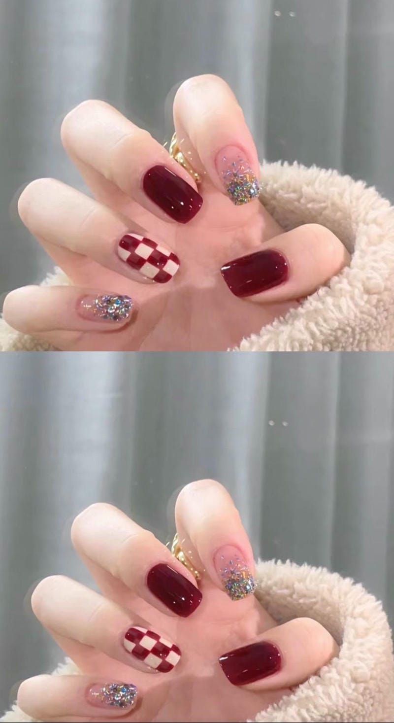 Những mẫu nail màu đỏ cherry đính đá - Hình số 3