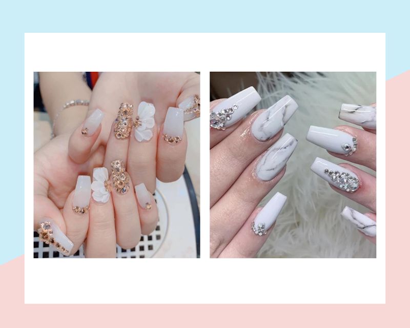 Những nail màu trắng gạo đính đá - Hình số 10