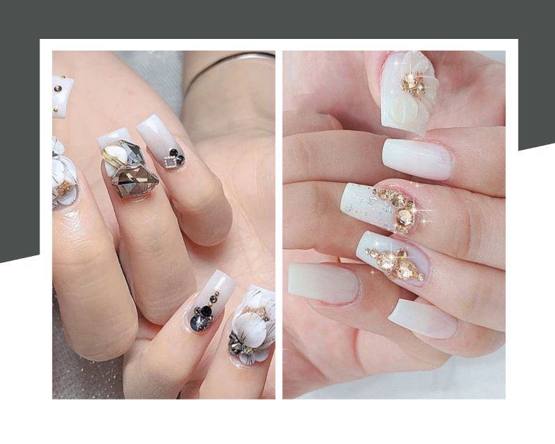 Những nail màu trắng gạo đính đá - Hình số 9