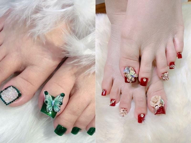 Những nail chân màu đỏ đính đá - Hình số 9