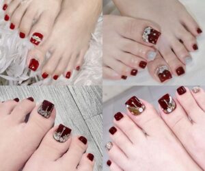 Những nail chân màu đỏ đính đá - Hình số 3