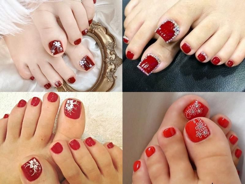 Những nail chân màu đỏ đính đá - Hình số 7