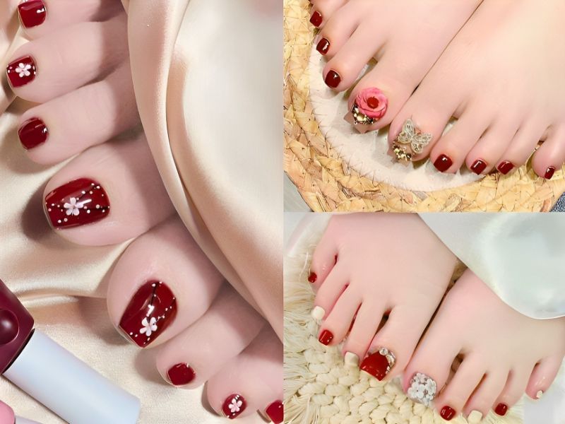 Những nail chân màu đỏ đính đá - Hình số 8
